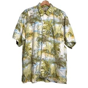 Tommy Bahama Silk Hawaiian Shirt Mens Large Aloha Button Up Tropical Palm Trees